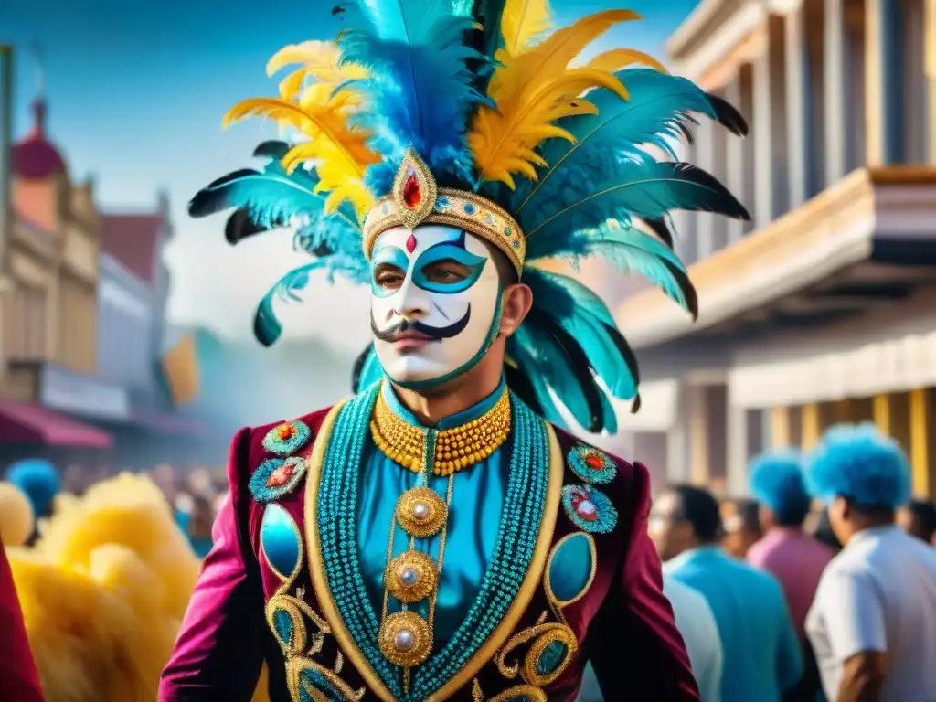 Un vibrante diseño de vestuario Carnaval Uruguayo con detalles intrincados y colorida decoración en un desfile festivo