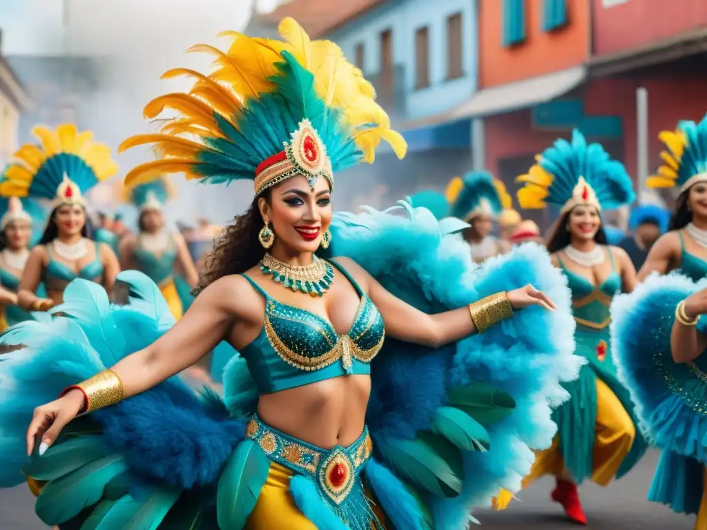 Un vibrante diseño de vestuario de Carnaval: bailarines con trajes y plumas en un desfile uruguayo lleno de color y alegría