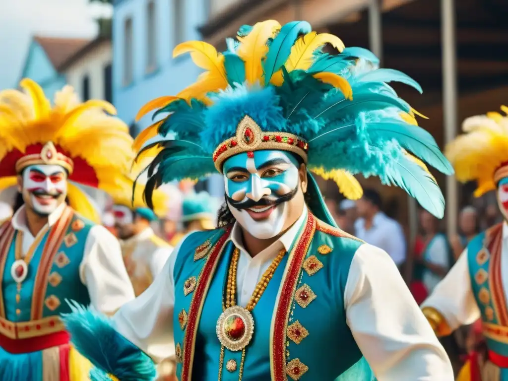 Un vibrante diseño de vestuario en Carnaval: artistas de diferentes países con trajes coloridos y detallados, bailando alegremente