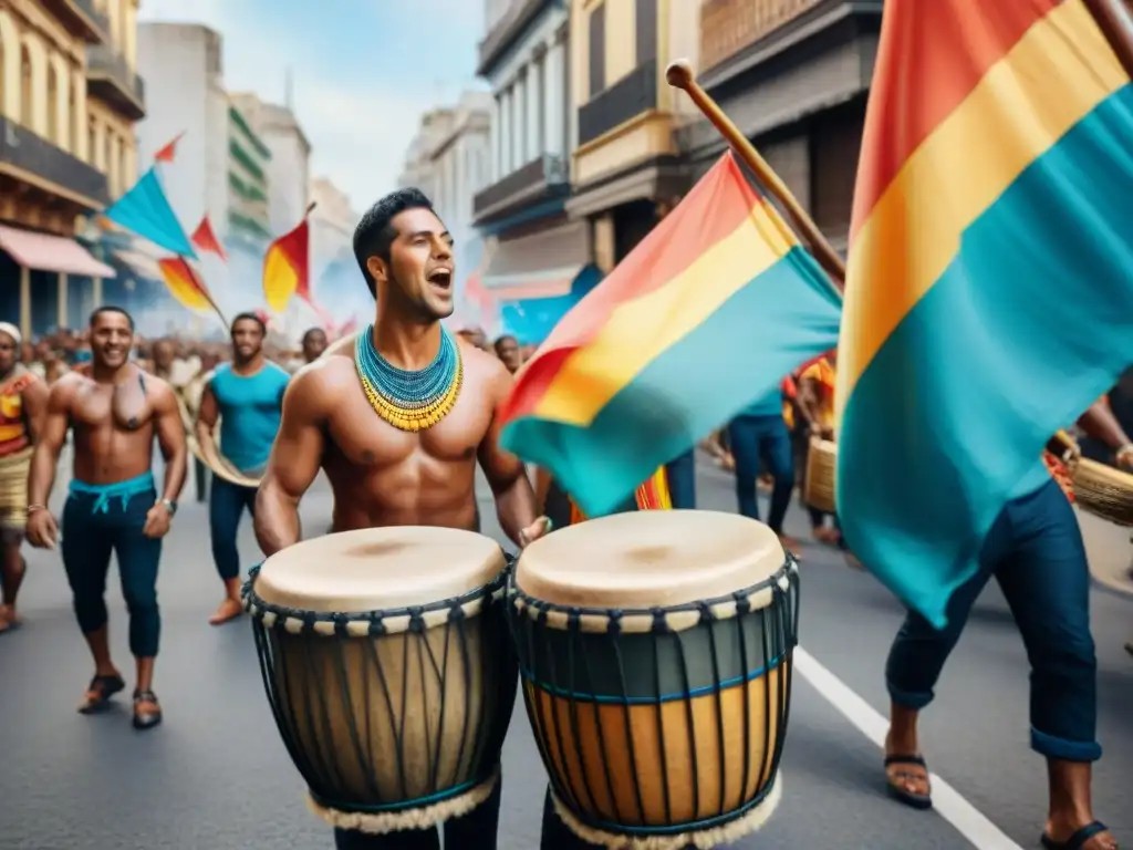 Ritmo y alegría: Candombe en Montevideo Celebración vibrante del candombe en Uruguay: diversidad de edades y culturas tocando tambores AfroUruguayos en desfile callejero colorido