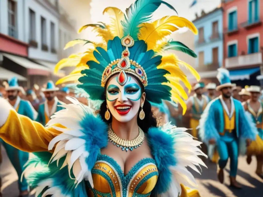 Vibrante fotografía documental del Carnaval Uruguayo con bailarines coloridos y multitud animada