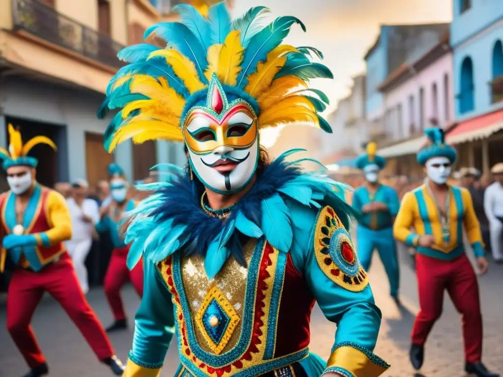 Un vibrante documental visual del Carnaval Uruguayo con trajes elaborados, máscaras eufóricas y una explosión de colores y energía festiva