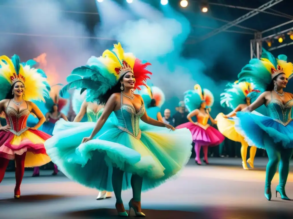 Vibrante escena tras bambalinas en un carnaval uruguayo, con artistas y diseñadores preparándose