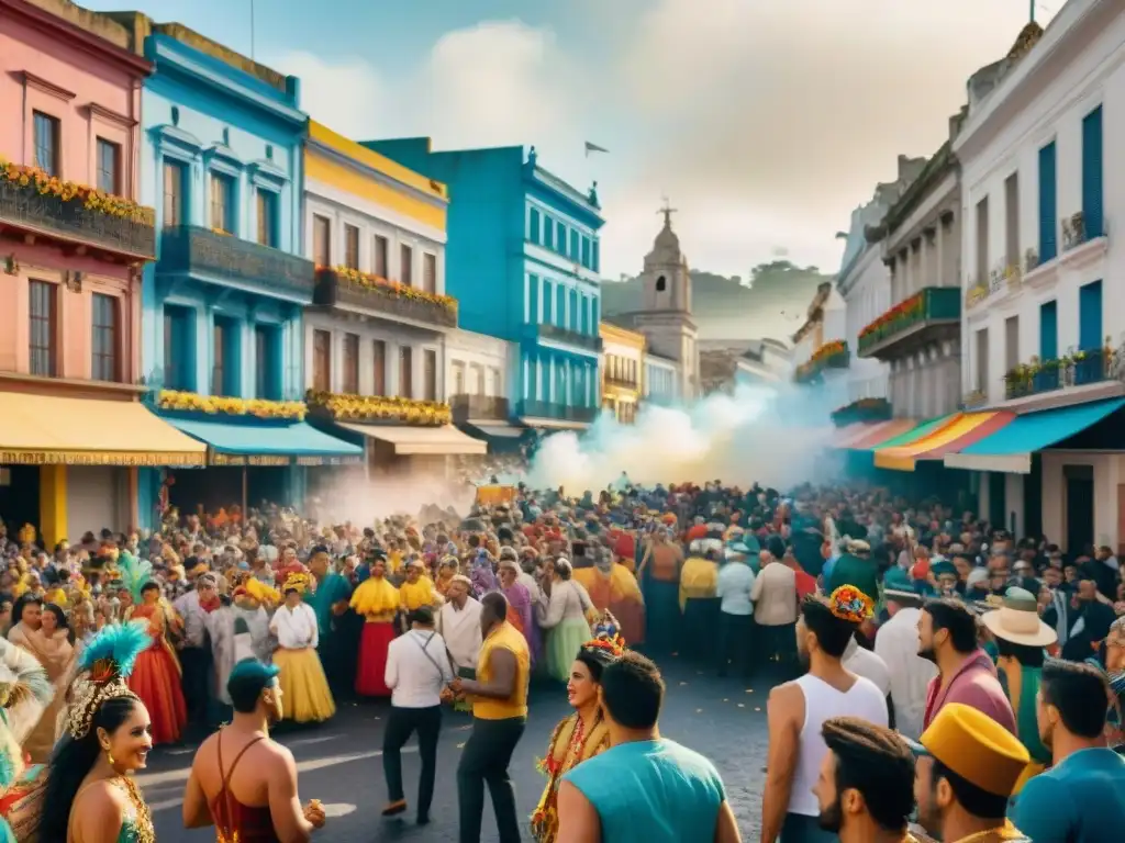 Vibrante escena callejera del Carnaval Uruguayo, con desfiles, música y alegría