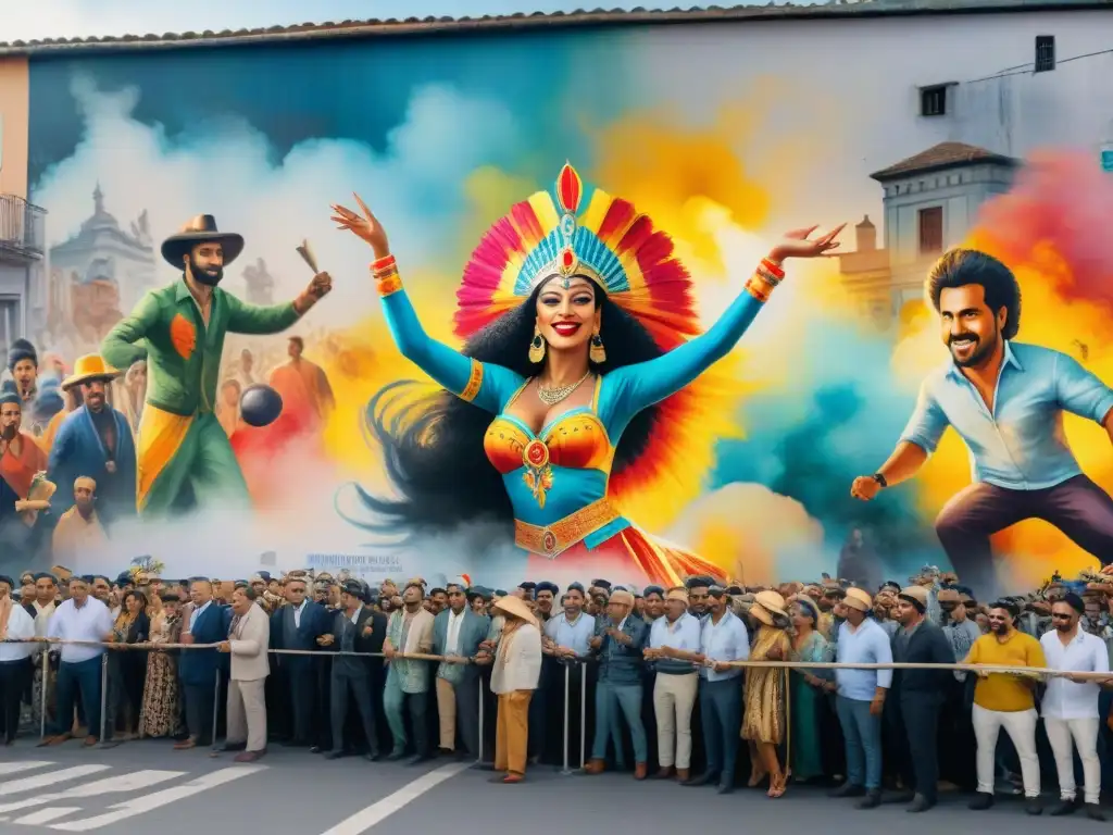 Vibrante escena callejera durante el Carnaval en Uruguay con graffiteros creando murales