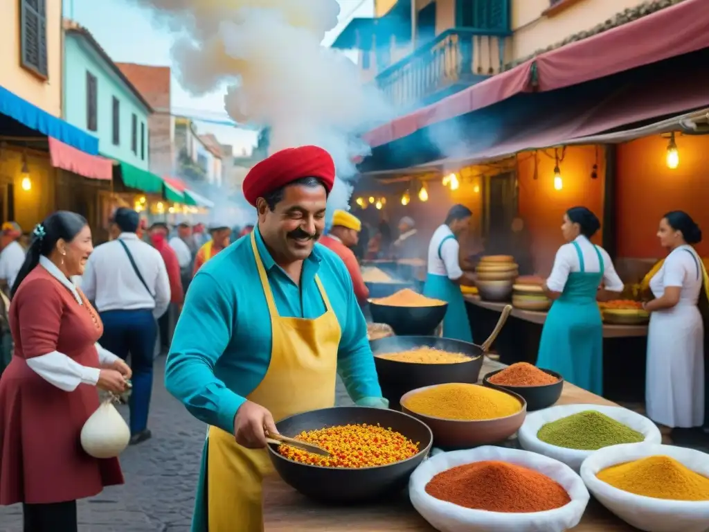 Vibrante escena callejera del Carnaval Uruguayo con cocina criolla y desfiles coloridos