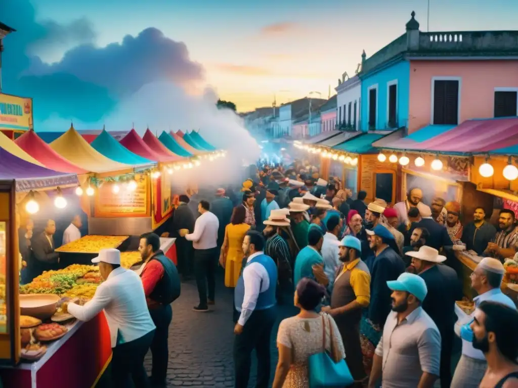 Vibrante escena callejera en Carnaval Uruguay con food trucks decorados