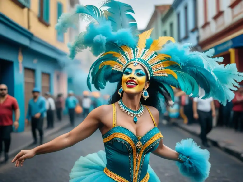 Vibrante escena callejera del Carnaval Uruguayo, capturada en un intrincado cuadro de arte callejero