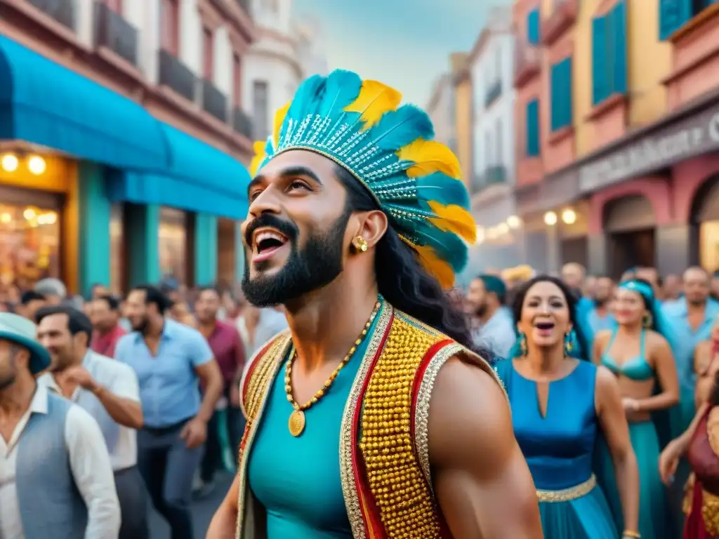 Vibrante escena callejera en Montevideo durante el carnaval, con murgas en trajes de colores