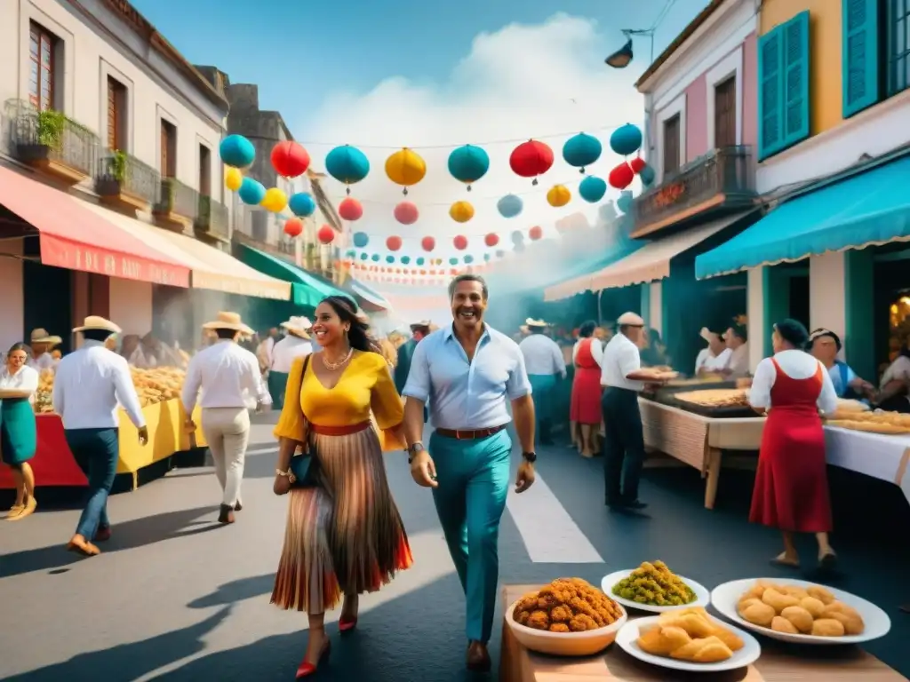 Vibrante escena callejera del Carnaval Uruguayo con sabores tradicionales y danzas folclóricas