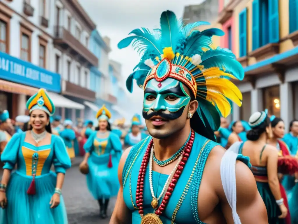 Vibrante escena callejera del Carnaval Uruguayo con influencias colaborativas de América