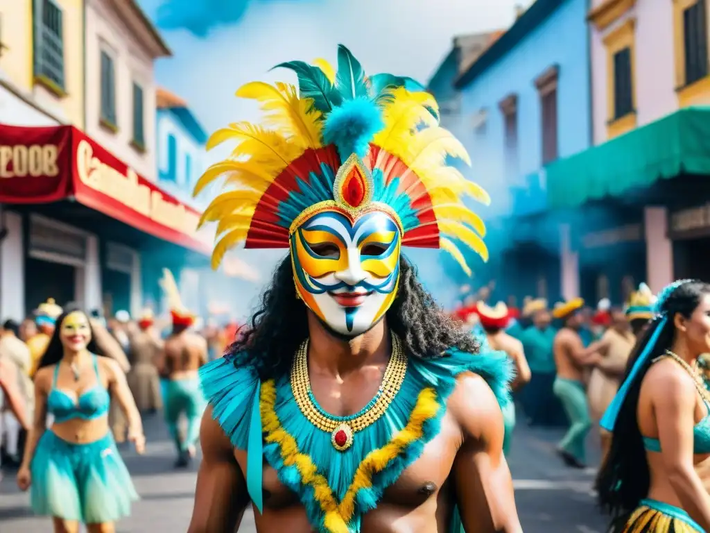 Vibrante escena callejera del Carnaval en Uruguay, con coloridos trajes y bailarines energéticos