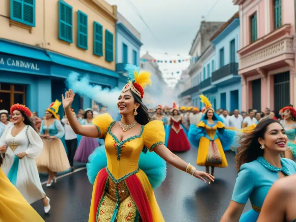 Una vibrante escena callejera durante el Carnaval en Uruguay con danzas y música