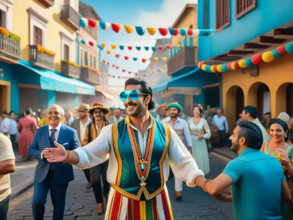 Una vibrante escena callejera del Carnaval Uruguayo, donde la tradición y la historia cobran vida en coloridos trajes y máscaras