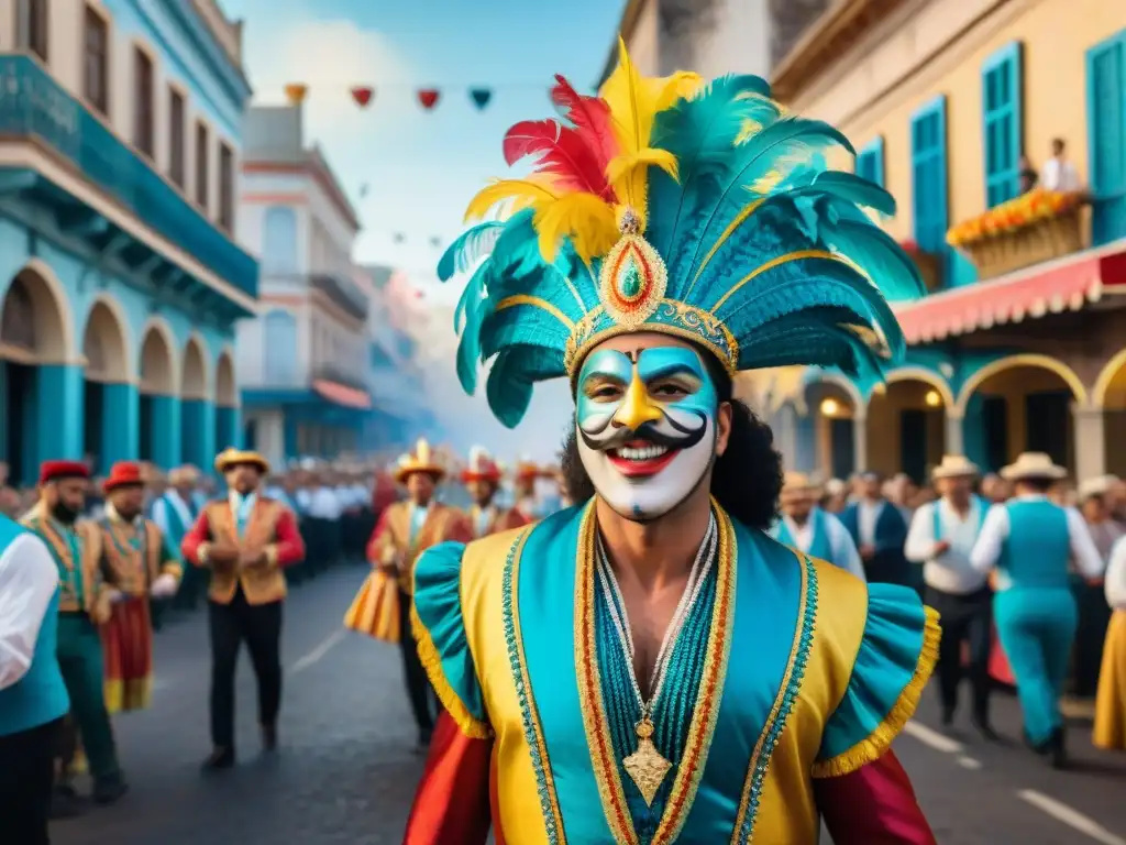 Vibrante escena callejera del Carnaval Uruguayo con bailarines y carrozas coloridas, fuegos artificiales en el cielo