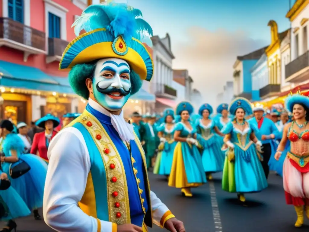 Vibrante escena callejera en el Carnaval de Uruguay con trajes coloridos y energía festiva