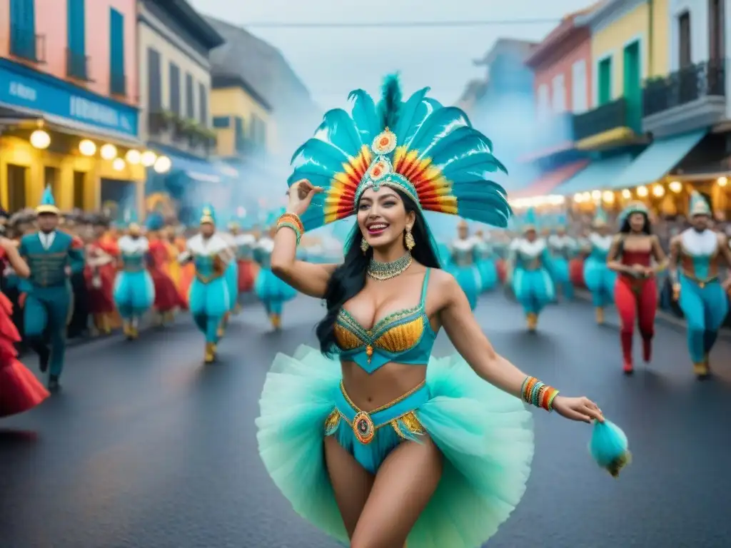 Vibrante escena callejera del Carnaval en Uruguay, con carrozas coloridas y bailarines en trajes elaborados