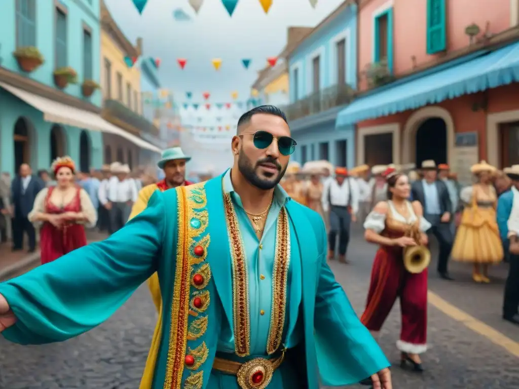 Vibrante escena callejera del Carnaval en Uruguay: gente colorida bailando al ritmo de la música tradicional, impacto social Carnaval Uruguayo