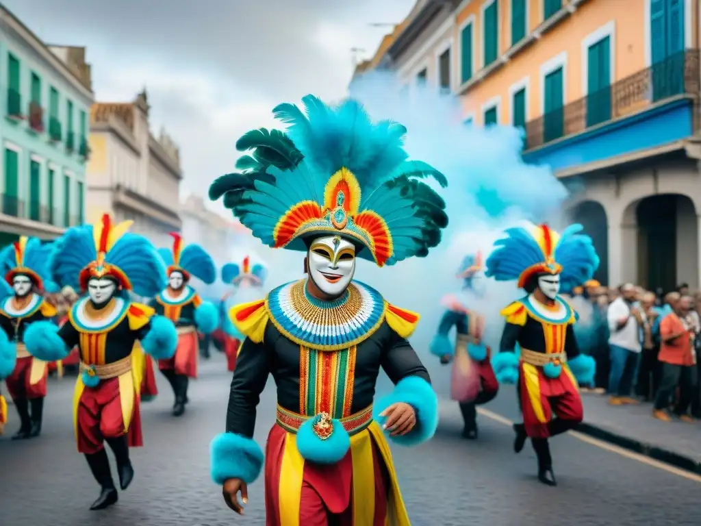 Vibrante escena callejera del Carnaval Uruguayo con trajes coloridos y músicos, fotografía contemporánea