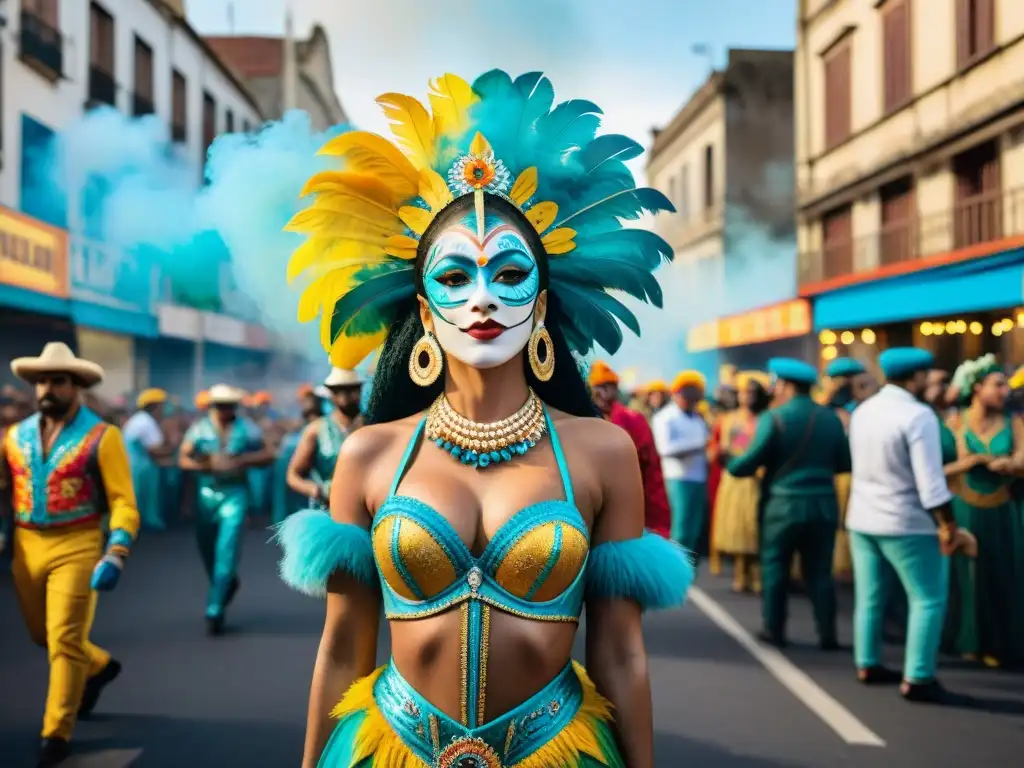 Vibrante escena callejera del Carnaval Uruguayo en acuarela detallada con arte callejero y danzantes energéticos