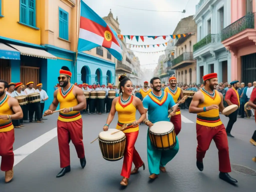 Vibrante escena de candombe en Montevideo durante el carnaval: diversidad, baile y color