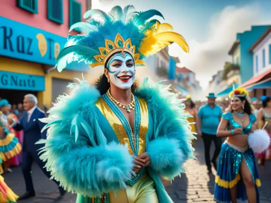 Vibrante escena de Carnaval en Uruguay, con bailarines y espectadores