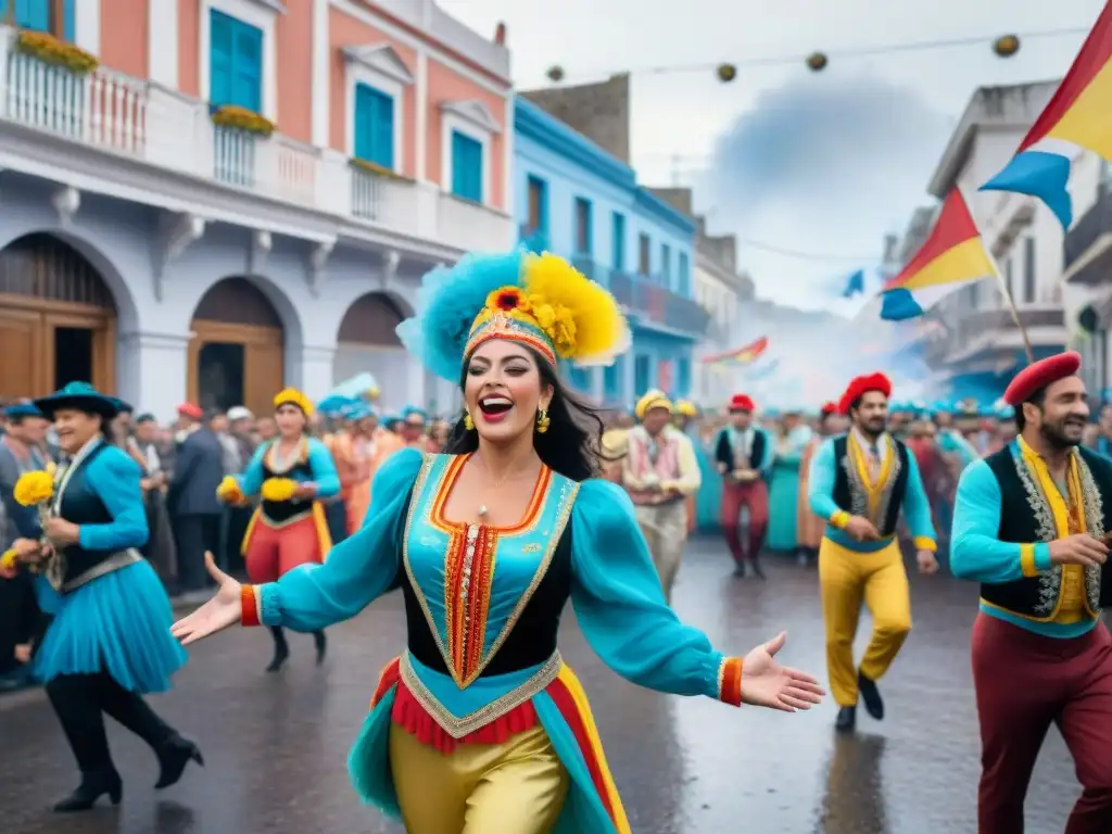 Vibrante escena de Carnaval en Uruguay con bailarines, carrozas y multitud