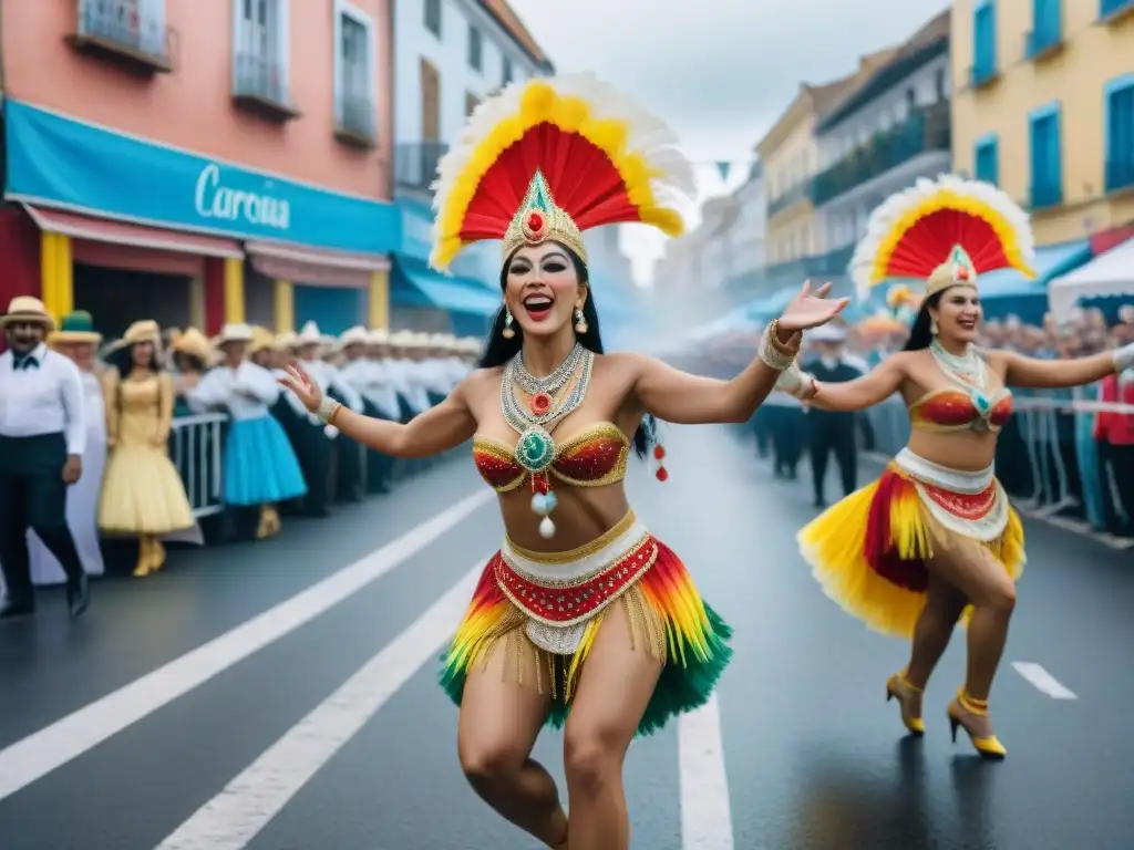 Vibrante escena del Carnaval en Uruguay, con bailarines y música tradicional