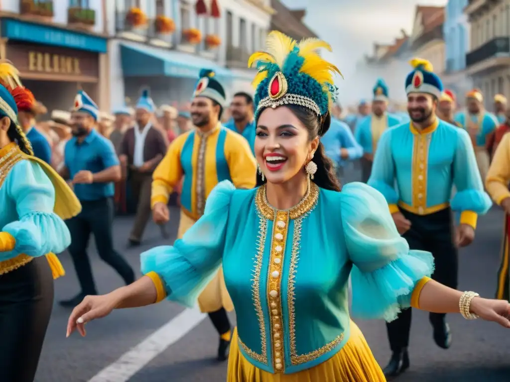 Vibrante escena de Carnaval en Uruguay con bailarines y espectadores, reflejando alegría y energía