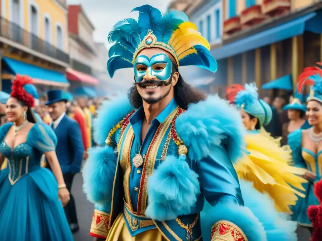 Vibrante escena de Carnaval en Uruguay con carrozas, danzas y espectadores alegres