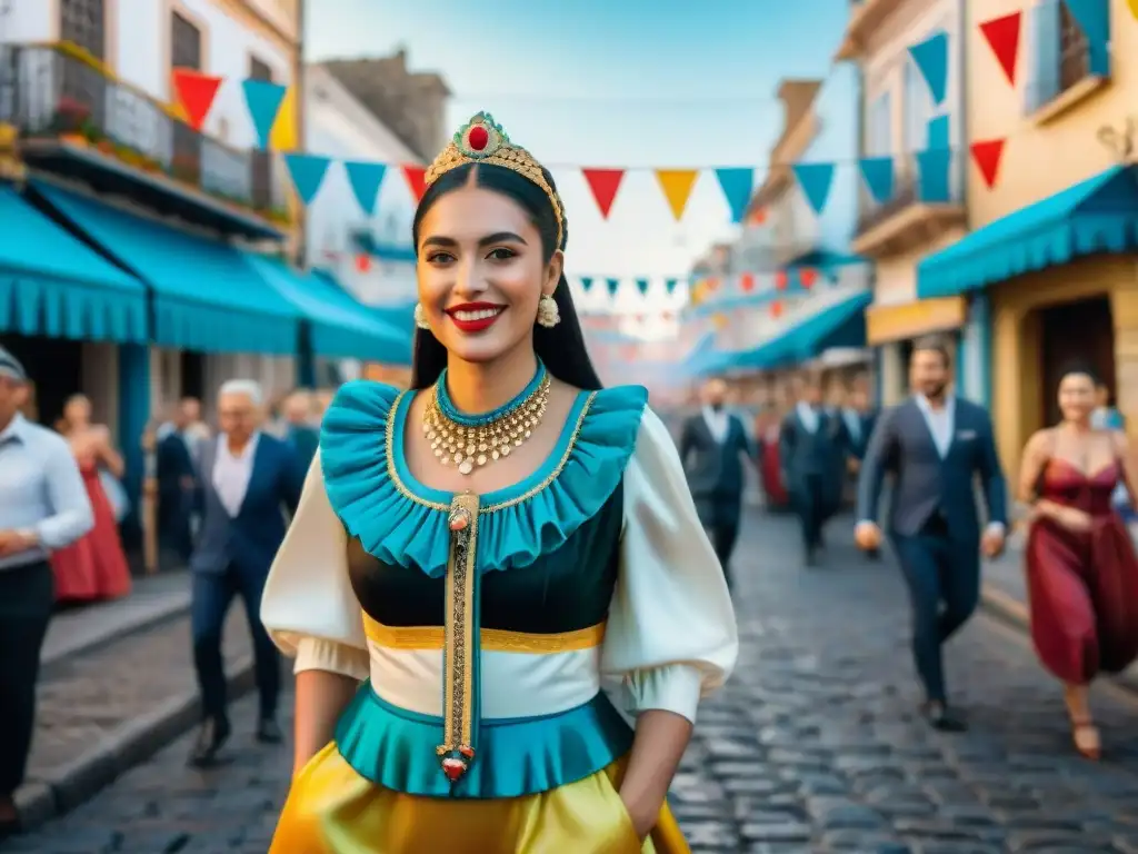 Vibrante escena de Carnaval en Uruguay con coloridos trajes tradicionales y música alegre, mostrando los mejores alojamientos cerca del evento