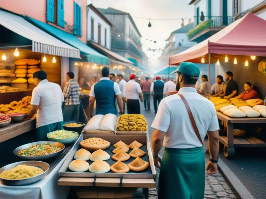 Vibrante escena de Carnaval en Uruguay, con coloridos puestos de comida tradicional