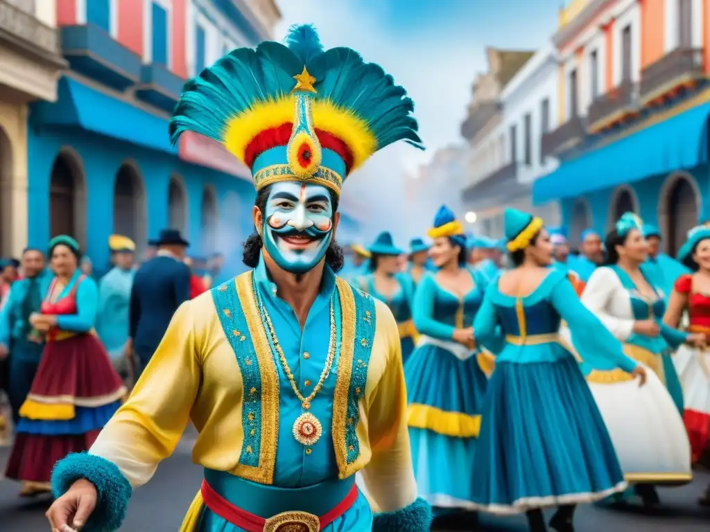 Vibrante escena de Carnaval en Uruguay: coloridos trajes, música y baile en las calles coloniales