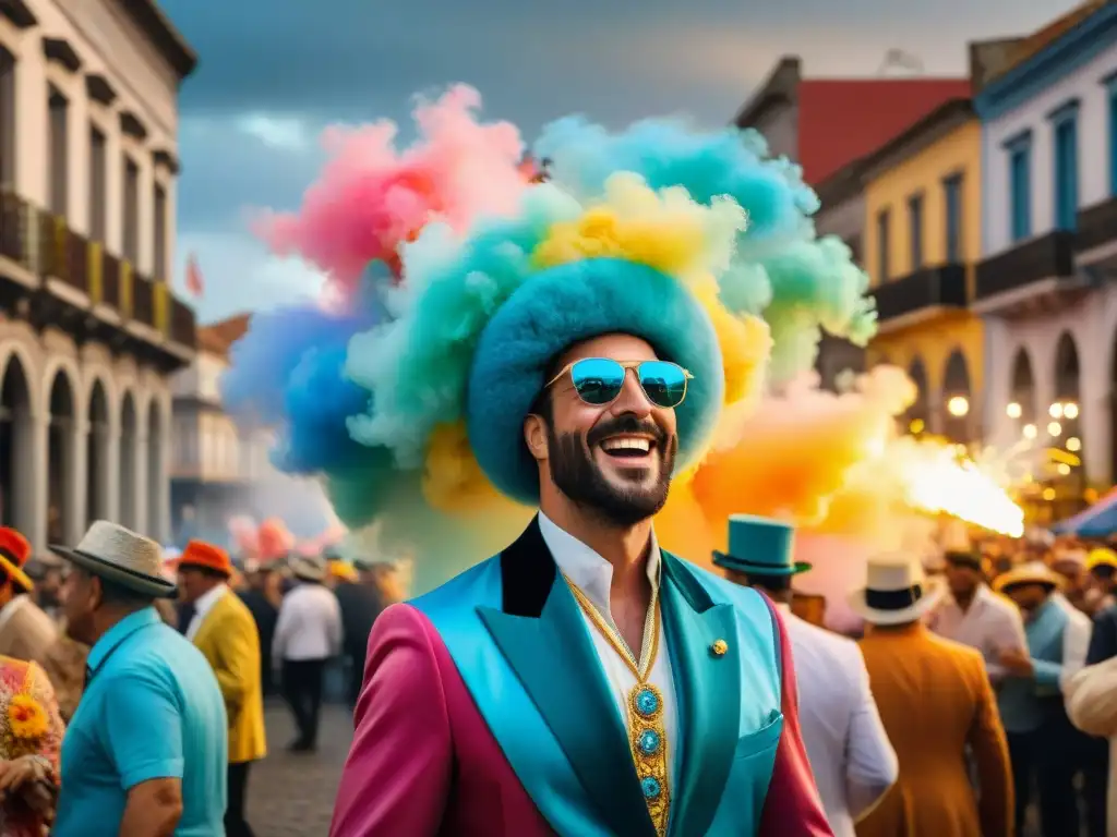 Vibrante escena de Carnaval en Uruguay con desfile colorido y emprendimientos gastronómicos