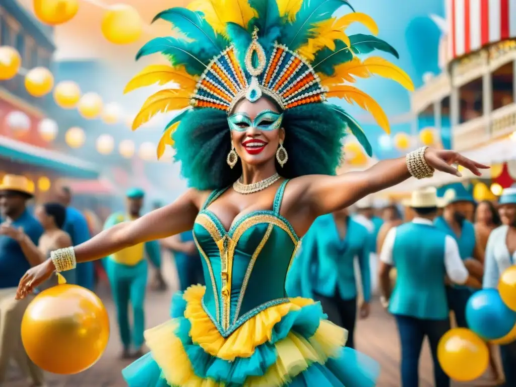 Vibrante escena de carnaval con detalles ultradetallados, música alegre y coloridos trajes, inspirados en las Huellas de Idea Vilariño Carnaval