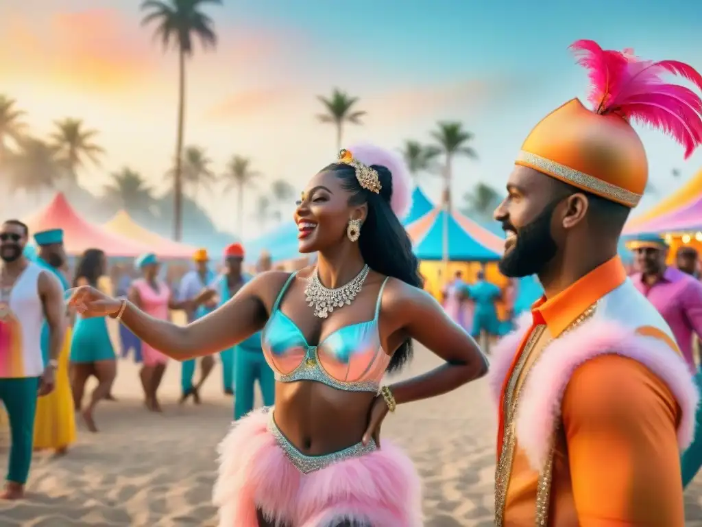 Cuadro acuarela: Carnaval vibrante y festivo Vibrante escena de carnaval con gente colorida bailando y disfrutando de los festejos