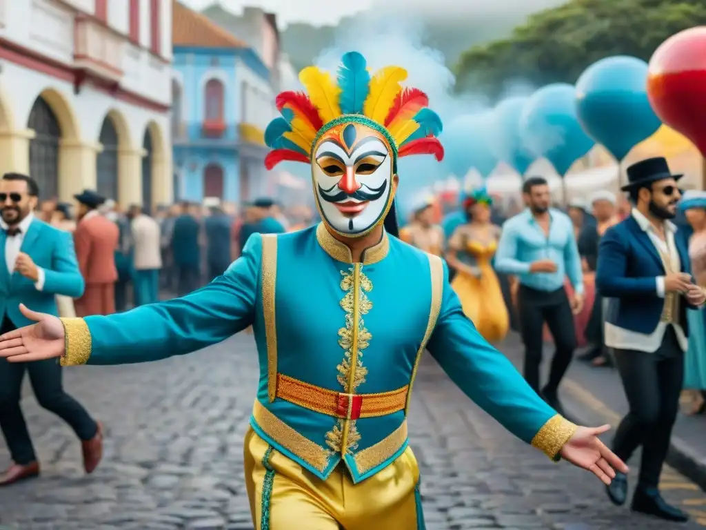 Vibrante escena de carnaval en Uruguay con influencia europea: murgas coloridas, máscaras ornamentadas y desfiles festivos