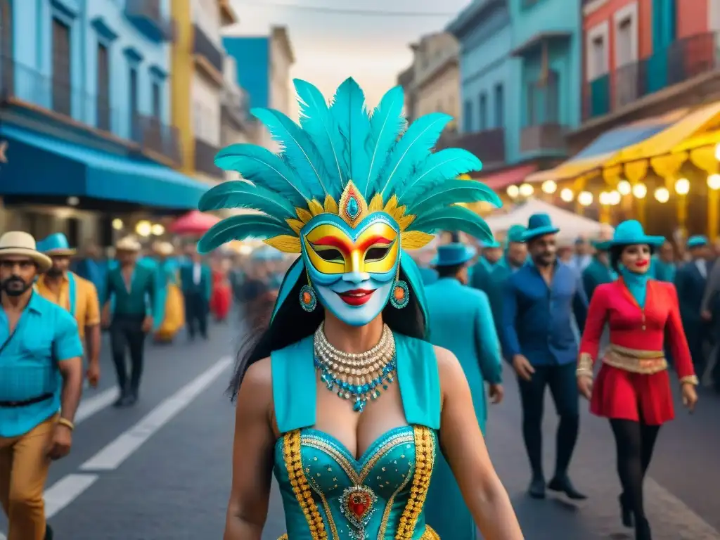 Vibrante escena de Carnaval en Montevideo con máscaras tradicionales y coloridos trajes