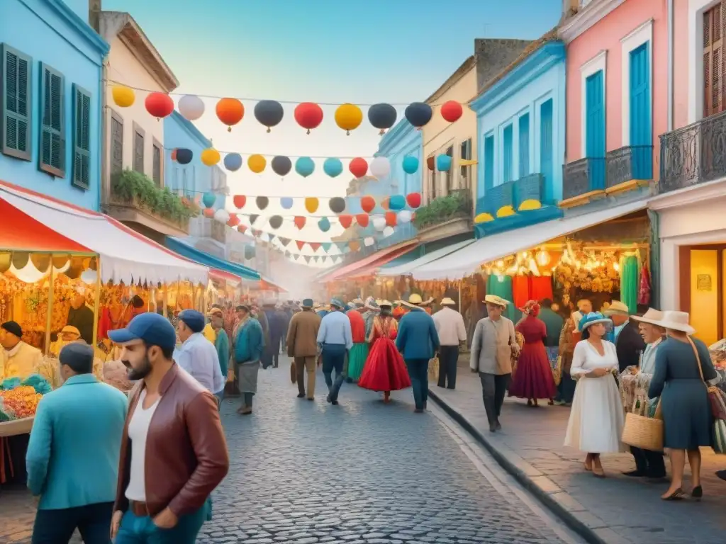 Vibrante escena de carnaval en Uruguay con puestos de souvenirs y artesanías