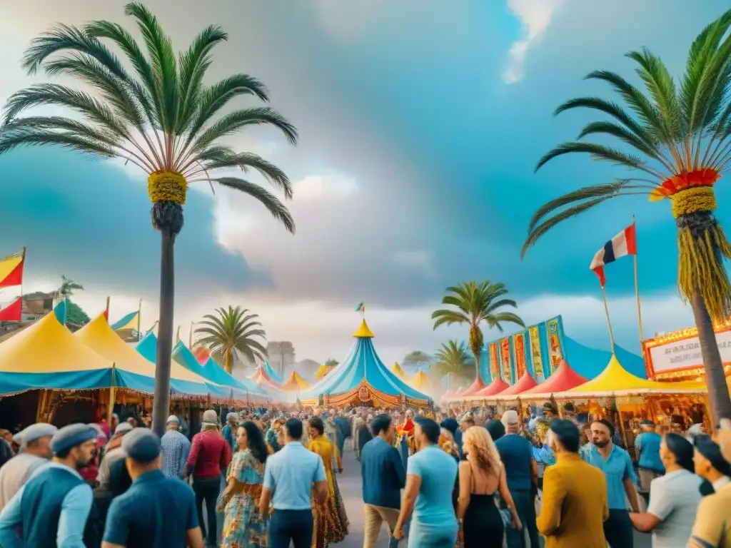 Vibrante escena de carnaval uruguayo, con música, baile y coloridos trajes