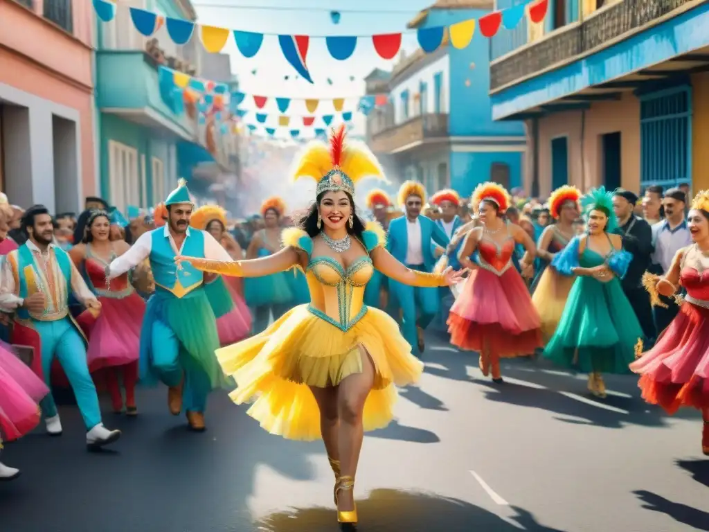 Vibrante escena de carnaval uruguayo con coloridos trajes y música tradicional