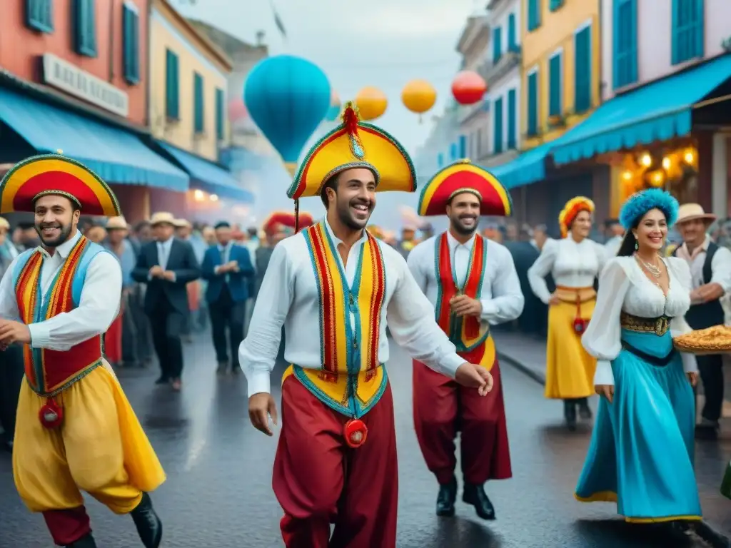 Vibrante escena de carnaval uruguayo con bailarines en trajes tradicionales y platos típicos