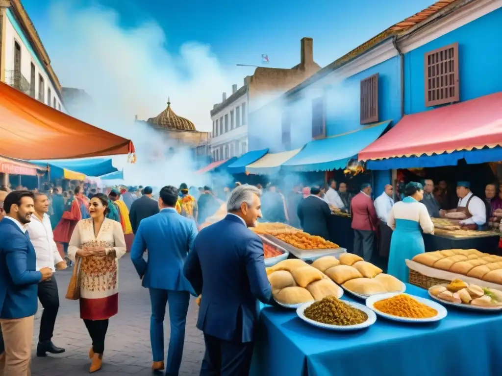 Vibrante escena del Carnaval Uruguayo con platos tradicionales y ambiente festivo