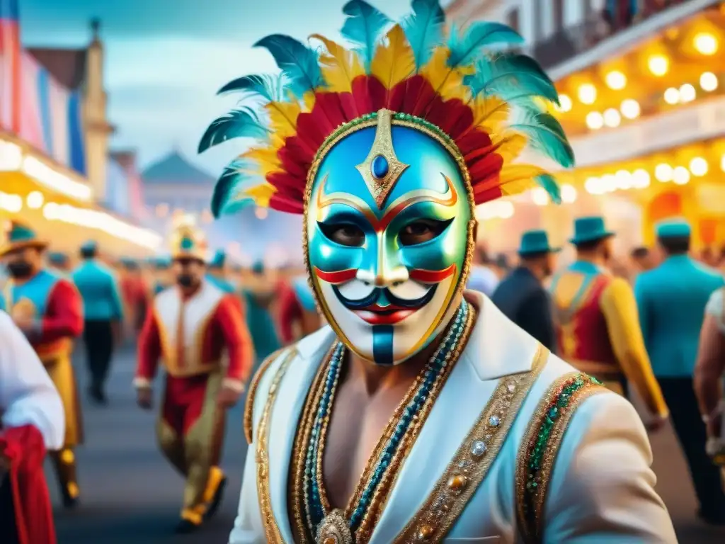 Vibrante escena del Carnaval Uruguayo: coloridos trajes, máscaras tradicionales y música rítmica en las calles