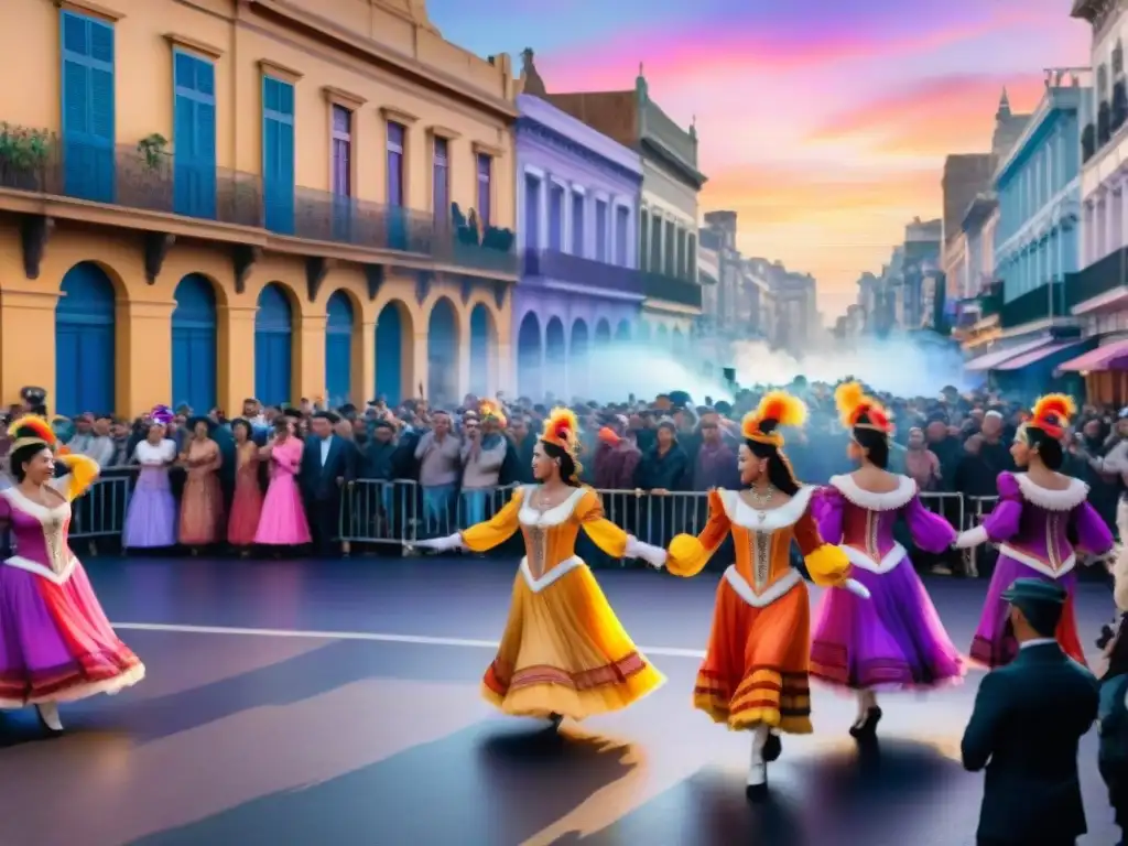 Vibrante escena de Carnaval Uruguayo en Montevideo con trajes coloridos y edificios coloniales