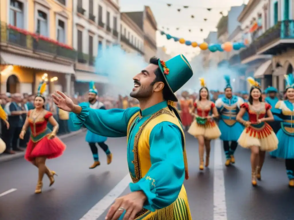 Vibrante escena del Carnaval Uruguayo con detallados trajes y carrozas, transmitiendo la alegría del evento