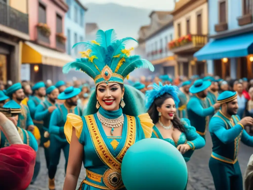 Vibrante escena del Carnaval Uruguayo: coloridos trajes, música alegre y danzas energéticas en la economía informal