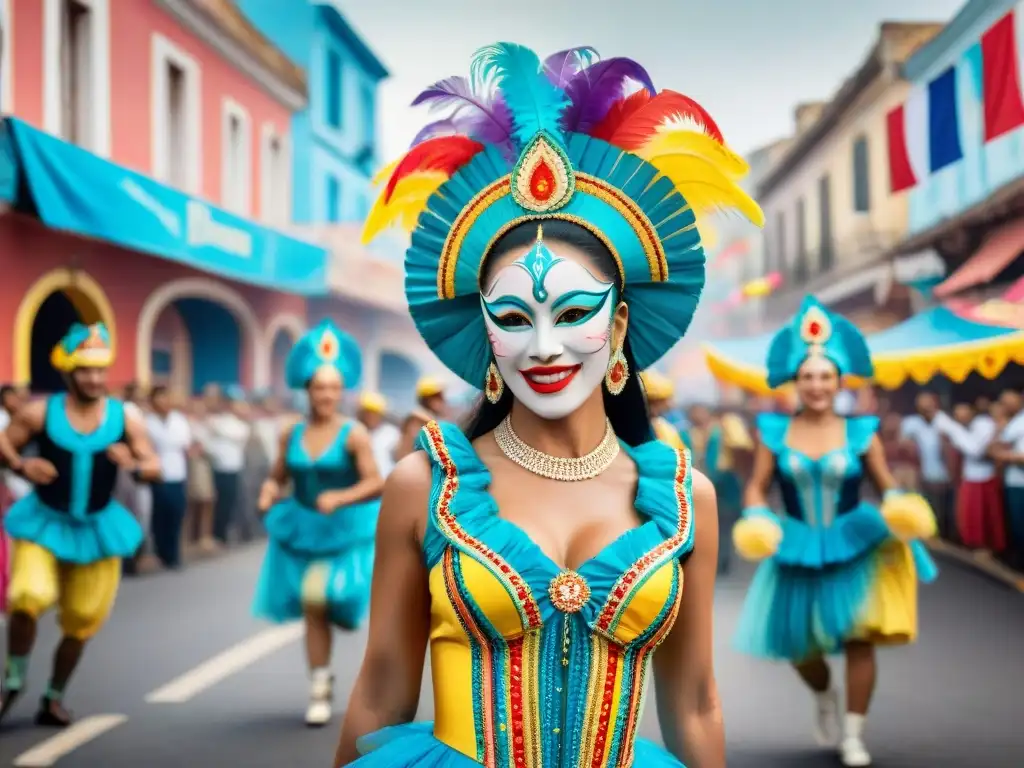 Vibrante escena de Carnaval Uruguayo, con bailarines en trajes coloridos y espectadores disfrutando la festividad en las calles