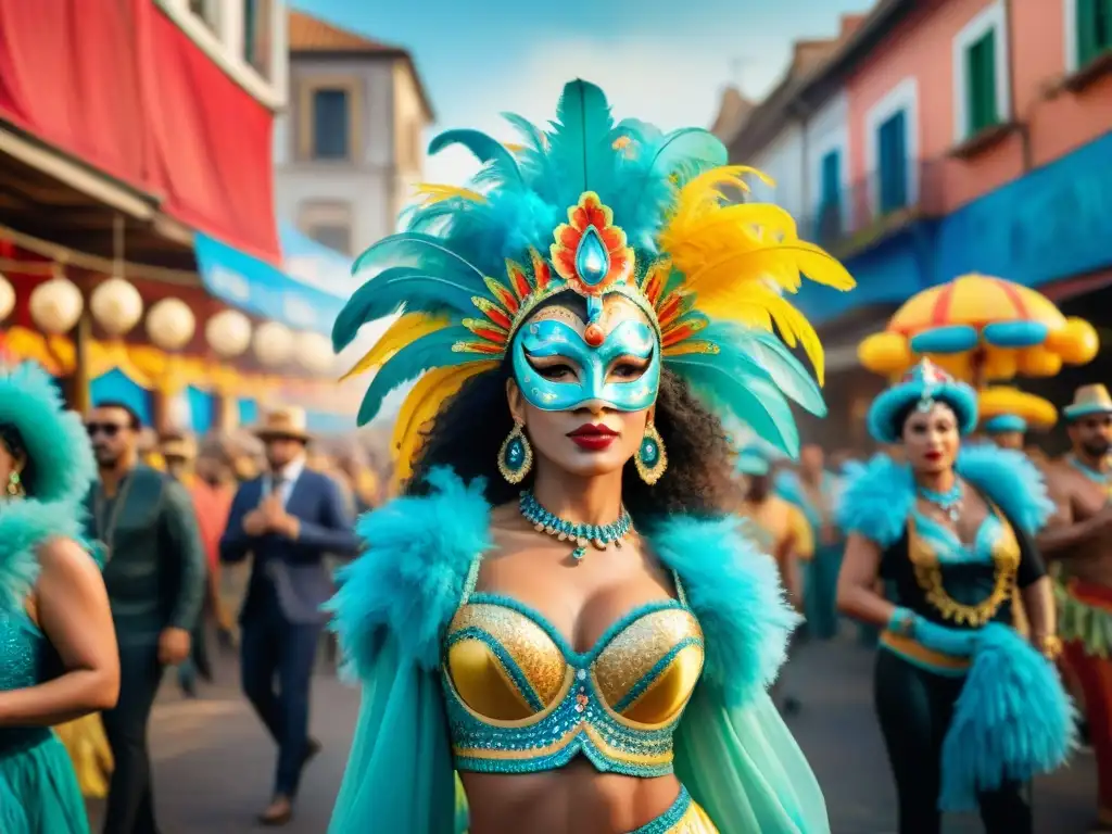 Vibrante escena del Carnaval Uruguayo con carrozas y trajes coloridos, cautivando a la multitud