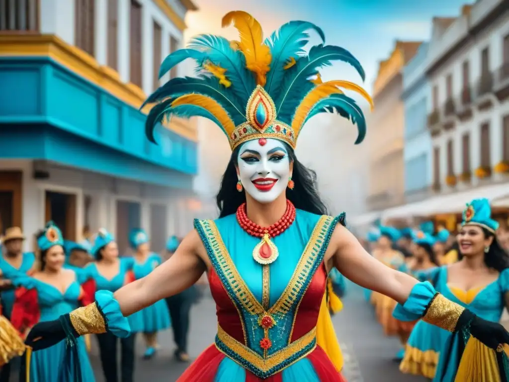 Vibrante escena de Carnaval Uruguayo con parodistas en coloridos trajes, impacto cultural y energía festiva en la calle